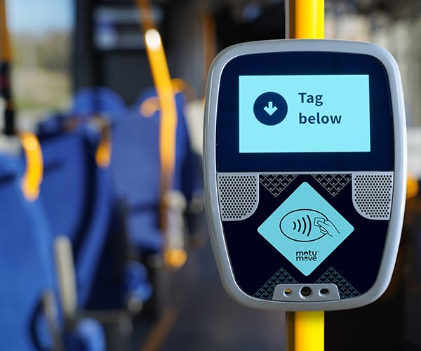 The tagging on terminal for Motu Move on the inside of a bus