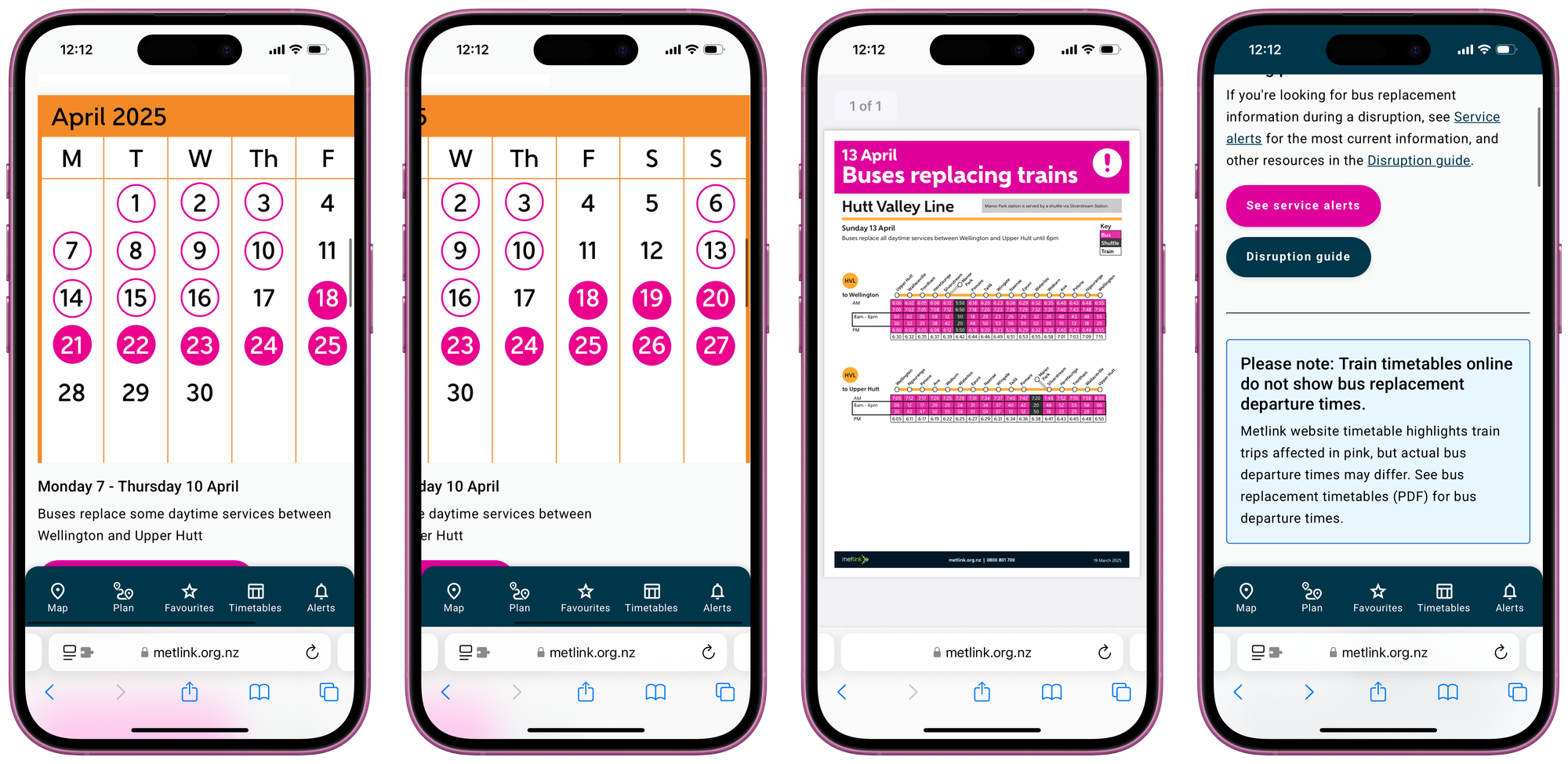 A series of phone screenshots of the Metlink website. First is oversized JPEGs and then a timetable PDF then a warning for train timetables not showing bus replacements. 