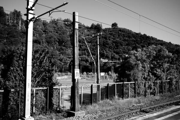 An old wooden power pole at a railway station in Wellington. 